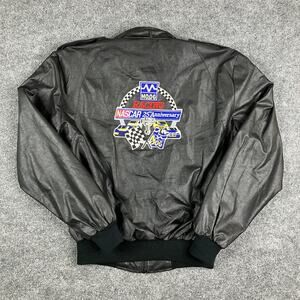 Vintage CIA Moog Racing Jacket Mens XL Black Faux Leather Full Zip Embroidered
